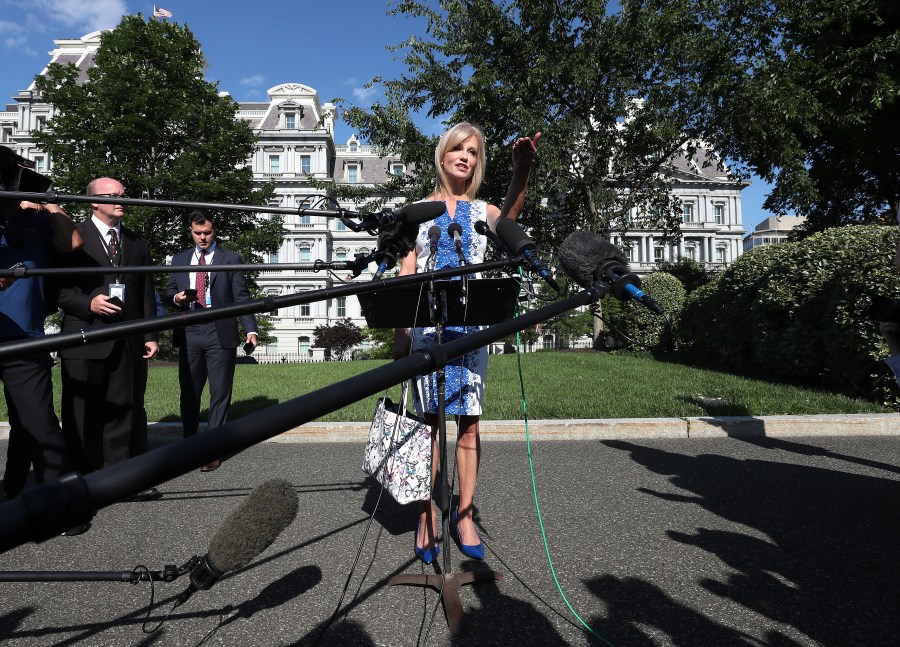 Kellyanne Conway speaks to the media after appearing on a morning talk show on the North Lawn of the White House, on June 24, 2019 in Washington, D.C. (Credit: Mark Wilson/Getty Images)