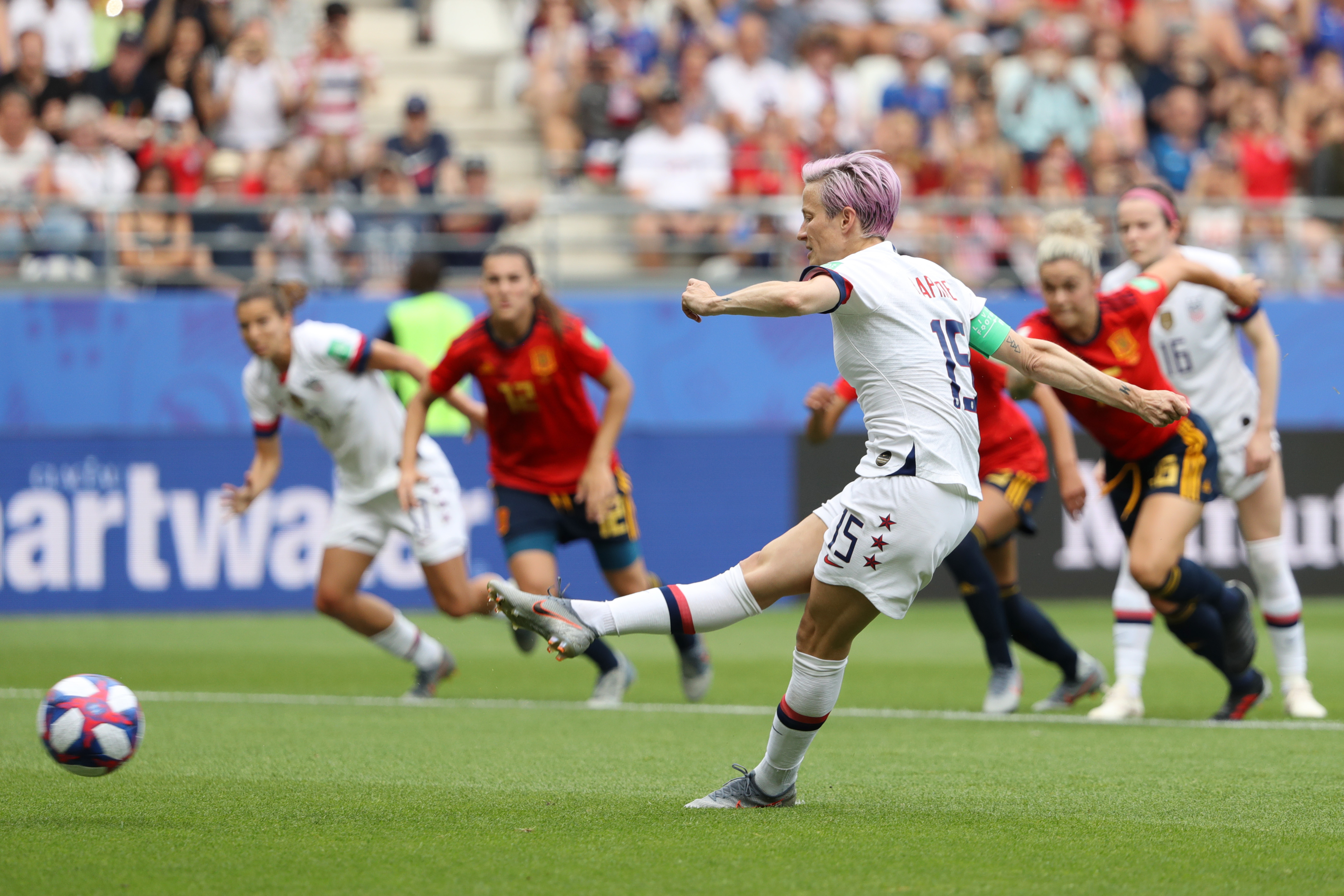 Megan Rapinoe of the USA scores her sides first goal from the penalty spot during the 2019 FIFA Women's World Cup France Round Of 16 match against Spain on on June 24, 2019. (Credit: Robert Cianflone/Getty Images)