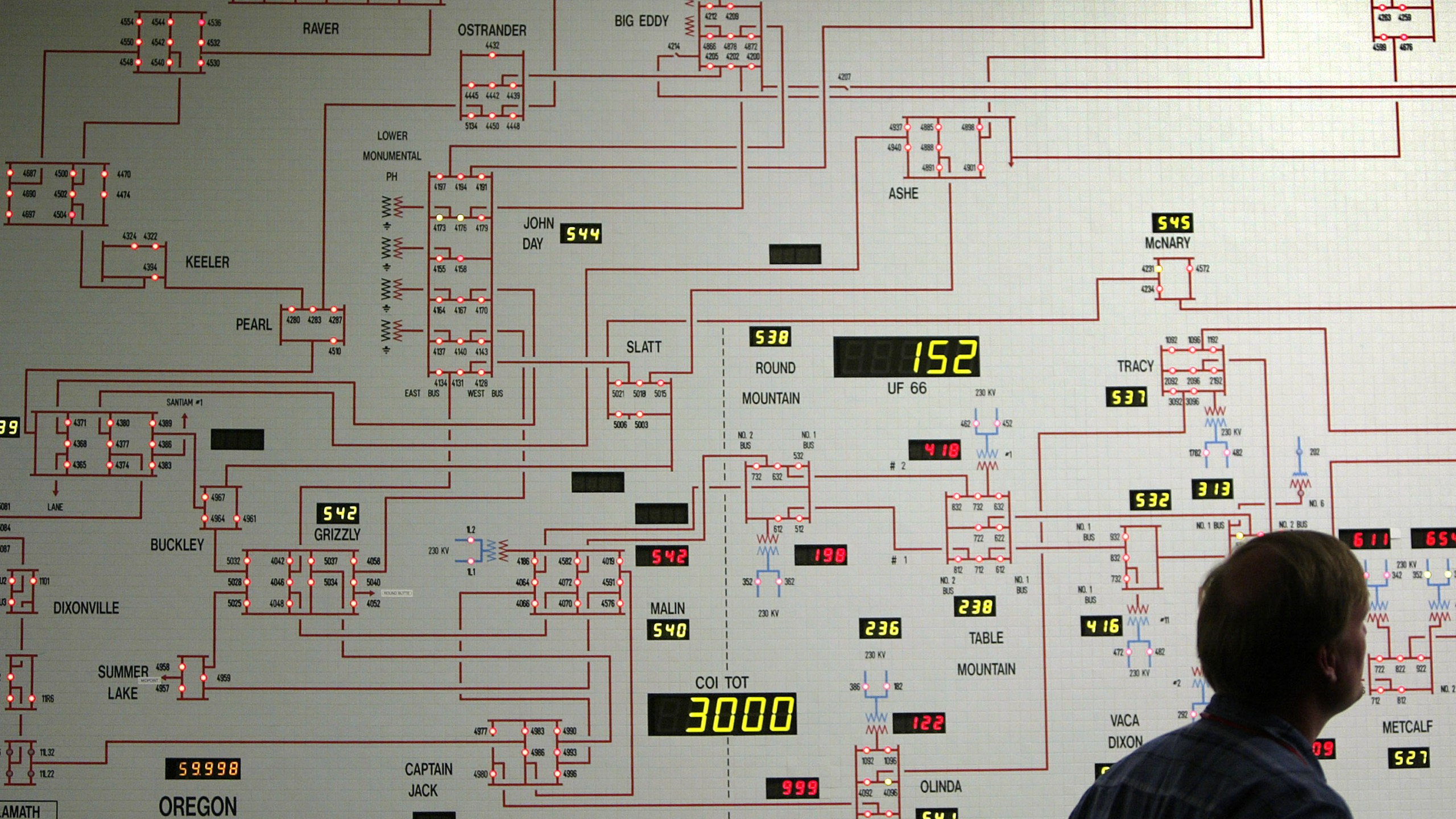 A figure looks at the dynamic map board showing power distribution through California's electrical grids in the control center of the California Independent System Operator. (Credit: David McNew/Getty Images)