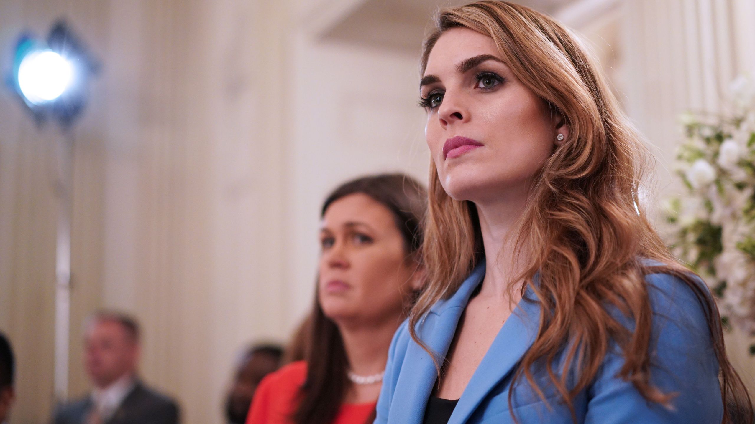 White House Communications Director Hope Hicks watches as Trump takes part in a listening session on gun violence with teachers and students in the State Dining Room of the White House on February 21, 2018. (Credit: MANDEL NGAN/AFP/Getty Images)