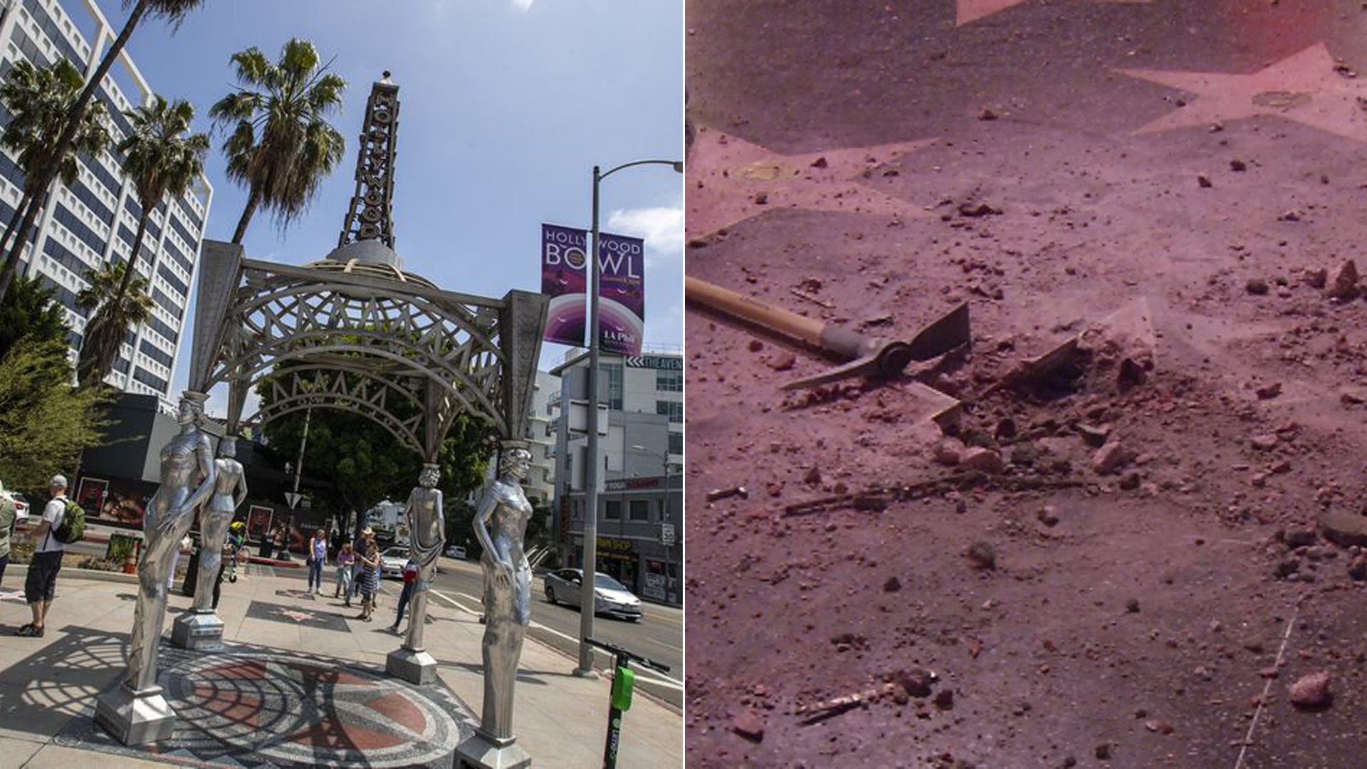 The Four Ladies of Hollywood gazebo is seen in an undated photo, left, and Donald Trump's vandalized star on the Hollywood Walk of Fame in seen on July 25, 2018. (Credit: Brian van der Brug / Los Angeles Times / Loudlabs)