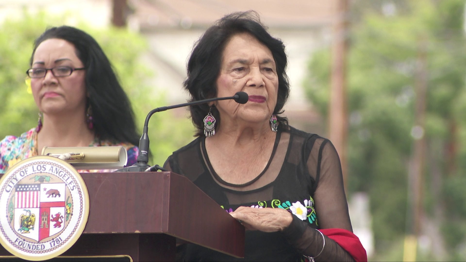 Civil rights activist Dolores Huerta attends a ceremony at which a Boyle Heights intersection was named for her on June 22, 2019. (Credit: KTLA)