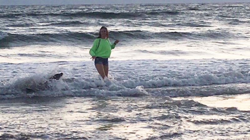 Megan Pagnini, who was bitten by a sea lion, plays in the surf of Pismo Beach with a sea lion. (Credit: California Department of Fish and Wildlife via Los Angeles Times)