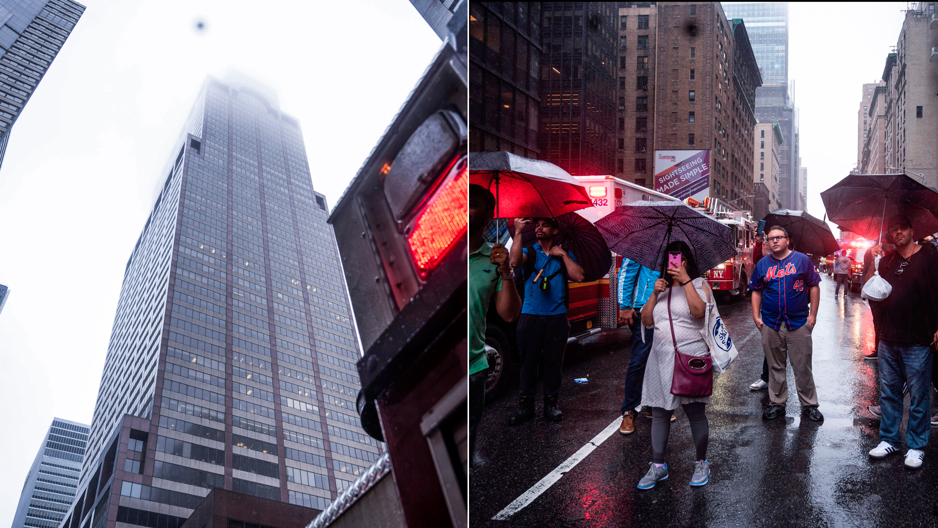 Onlookers take pictures on Seventh Avenue after a helicopter crash-landed on top of a building in midtown Manhattan in New York on June 10, 2019. (Credit: JOHANNES EISELE/AFP/Getty Images)