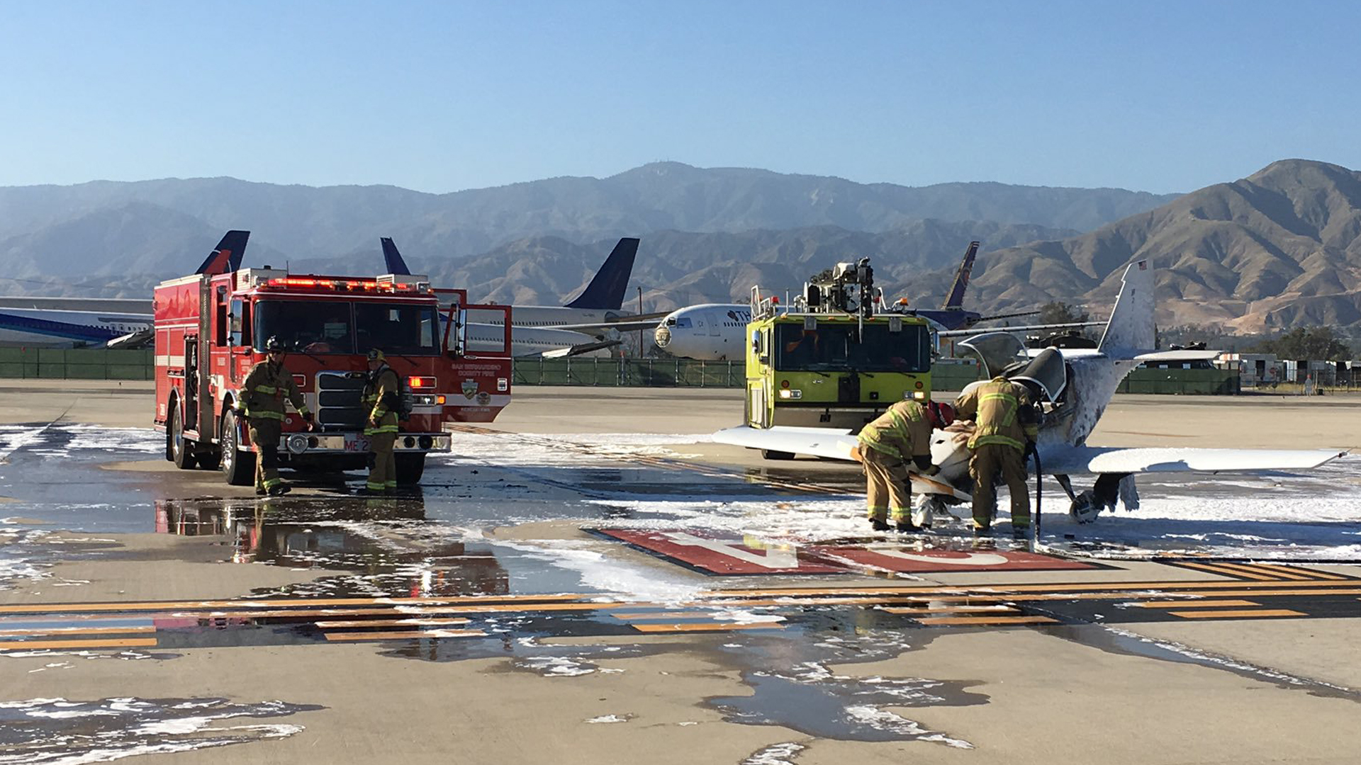 An airplane caught fire upon landing at San Bernardino International Airport on Jun 30, 2019. No injuries were reported. (Credit: San Bernardino County Fire Department)