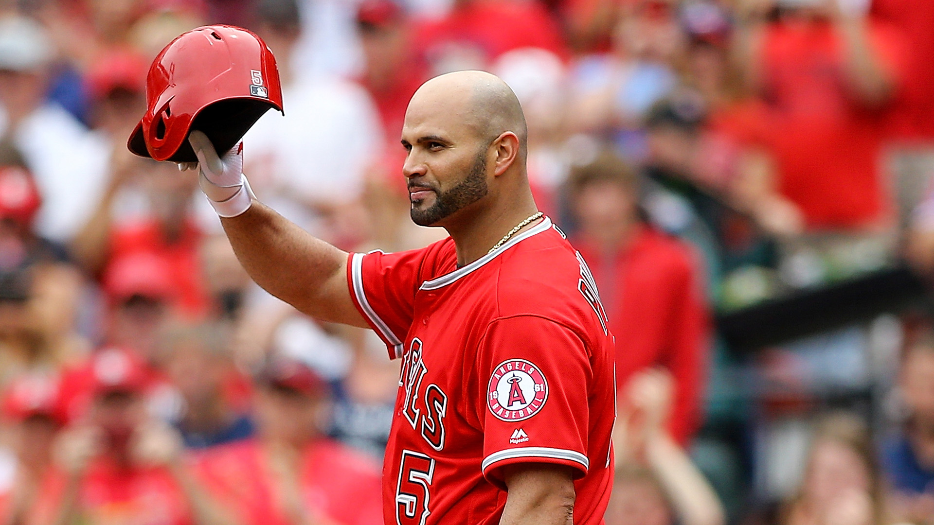 Albert Pujols #5 of the Los Angeles Angels of Anaheim salutes fans as he receives a standing ovation as he approaches the plate to bat din the second inning against the St. Louis Cardinals at Busch Stadium on June 22, 2019 in St. Louis, Missouri. (Credit: Scott Kane/Getty Images)