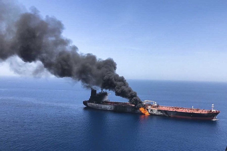 An oil tanker is seen on fire in the sea of Oman on June 13, 2019. (Credit: AP via CNN)