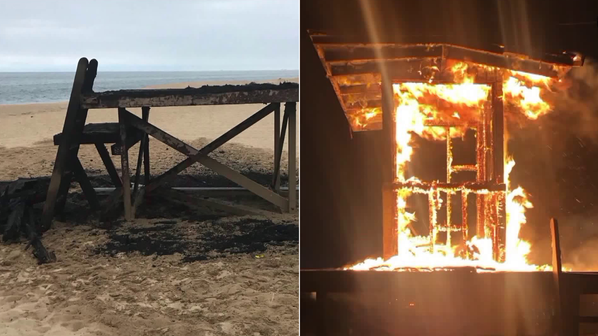 A lifeguard tower in Newport Beach is seen before and after it burned in a suspected arson incident on June 20, 2019, in photos released by the Newport Beach Fire Department.