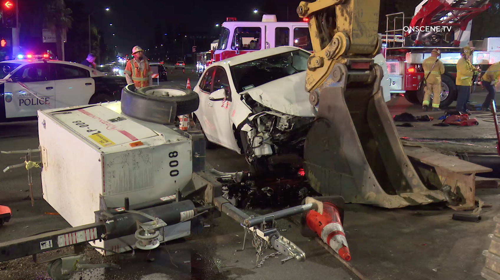 The aftermath of a crash in which a vehicle slammed into a construction site in Anaheim is seen on July 29, 2019. (Credit: ONSCENE.TV)