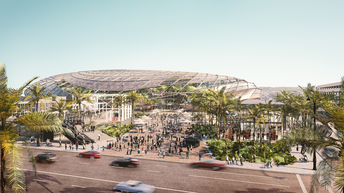 A rendering of the proposed arena for the Clippers in Inglewood is seen in an image released by the team on July 25, 2019.