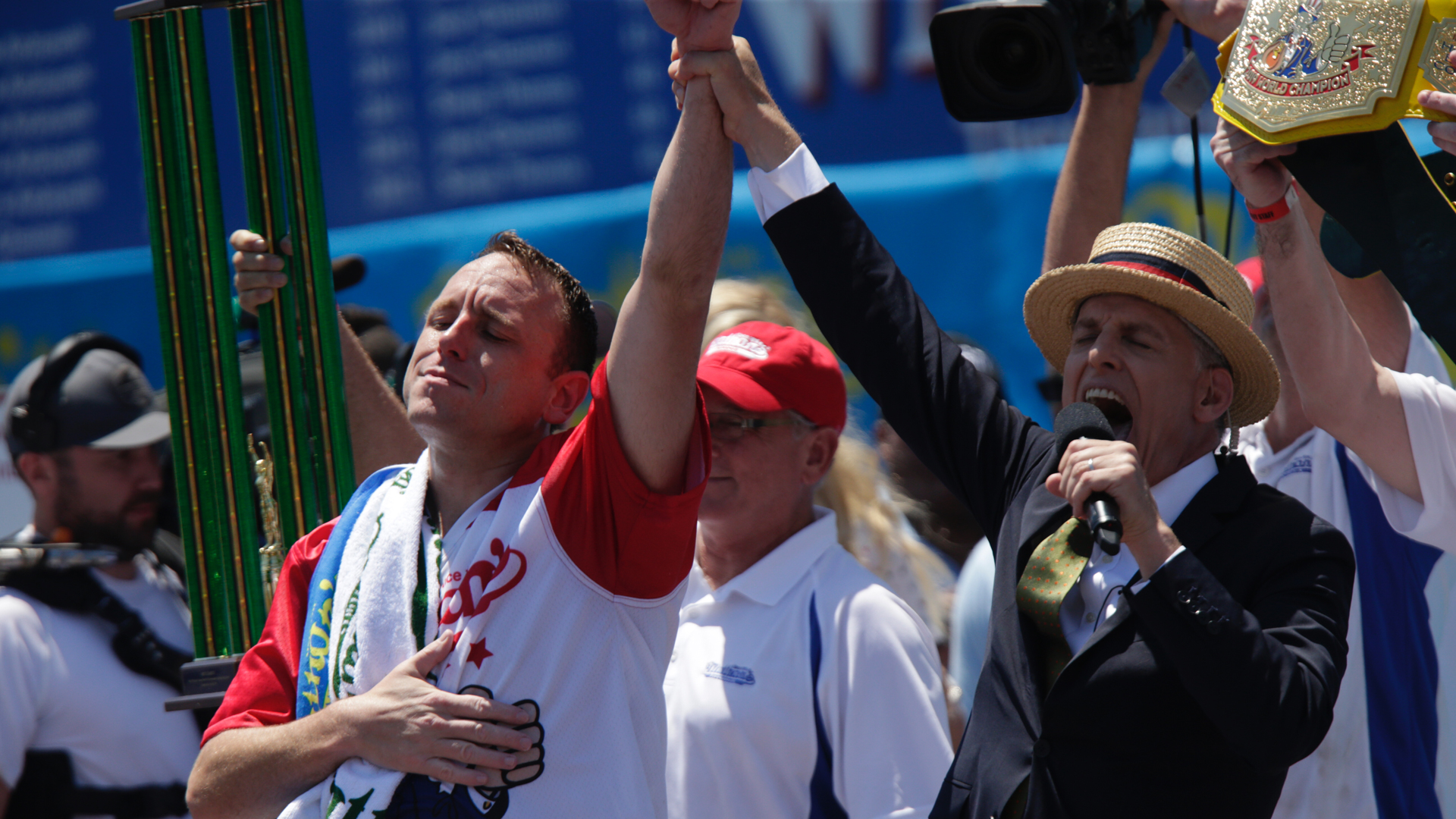 Joey Chestnut reacts after he wins the annual Nathan's hot dog eating contest on July 4, 2019 in New York City. (Credit: Kena Betancur/Getty Images)