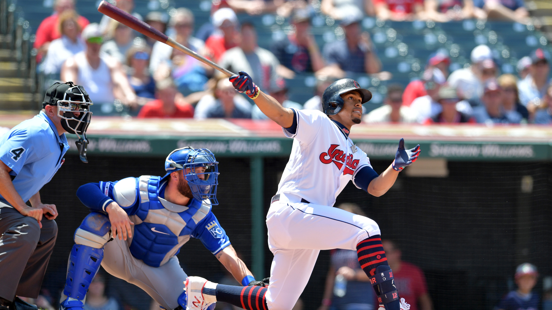 Francisco Lindor #12 of the Cleveland Indians hits a two run home run during the third inning against the Kansas City Royals at Progressive Field on July 21, 2019 in Cleveland. (Credit: Jason Miller/Getty Images)