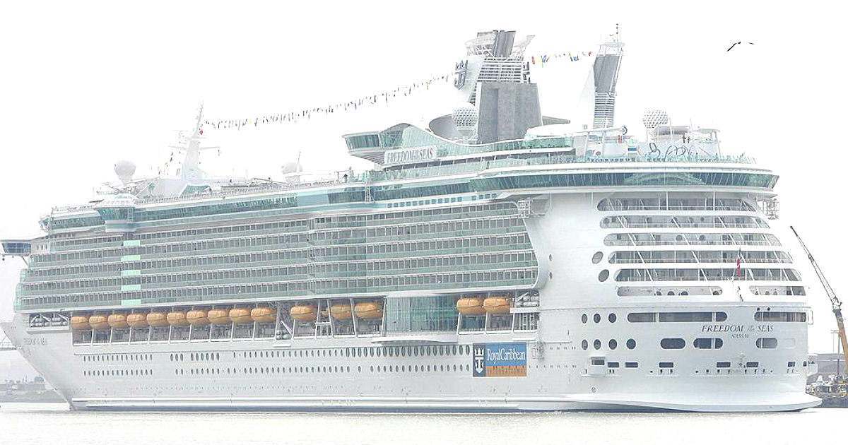 Freedom of the Seas, a cruise ship owned by Royal Caribbean, backs in port in Bayonne, New Jersey on May 12, 2006. (DON EMMERT/AFP/Getty Images)