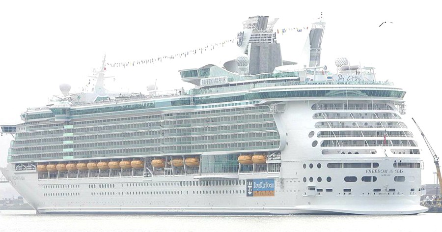 Freedom of the Seas, a cruise ship owned by Royal Caribbean, backs in port in Bayonne, New Jersey on May 12, 2006. (DON EMMERT/AFP/Getty Images)