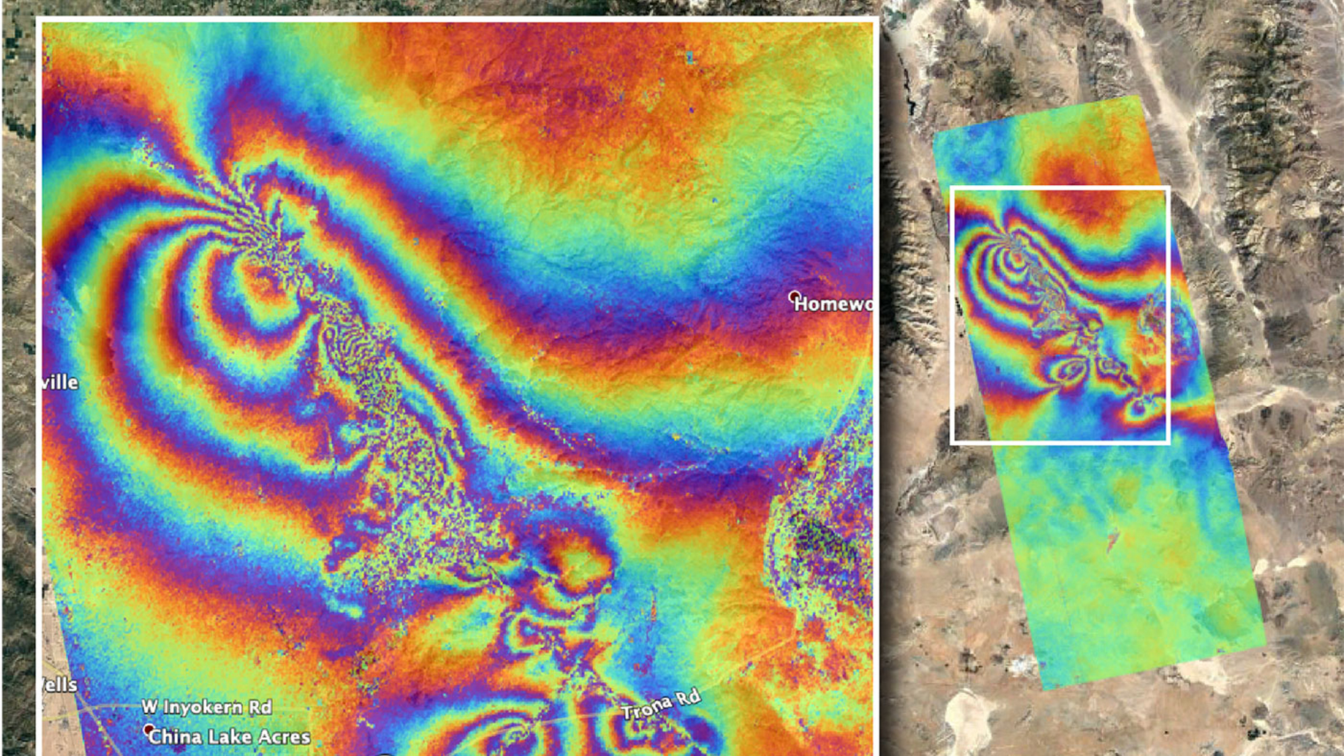 NASA’s Advanced Rapid Imaging and Analysis team created this co-seismic map. (Credit: NASA/JPL-Caltech)