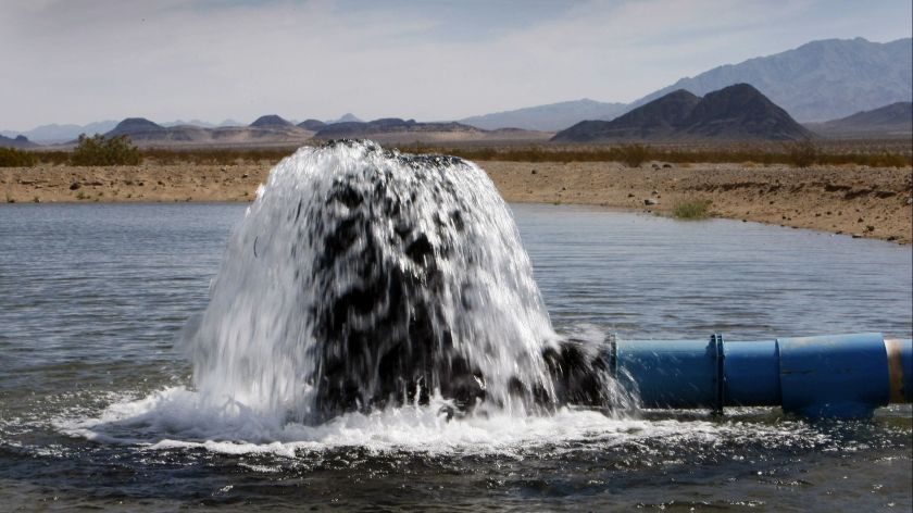 A spreading basin holds water from a pilot well on Cadiz Ranch in San Bernardino County on April 18, 2012. (Credit: Al Seib / Los Angeles Times)