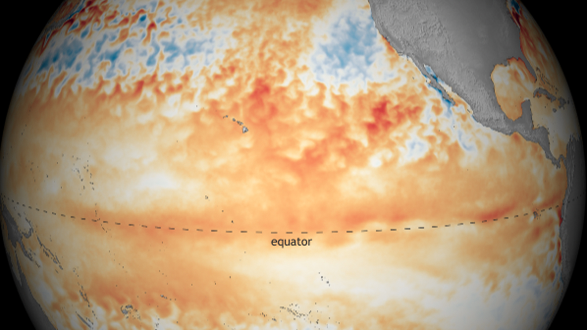 "A deep wave of warm water spreading eastward across the tropical Pacific in May provides confidence in June's forecast that El Niño will last through summer (66% chance)," according to NOAA, which released this image. "The odds that El Niño will persist through fall and winter have declined slightly in the past month (from 55-60% to 50-55%)."