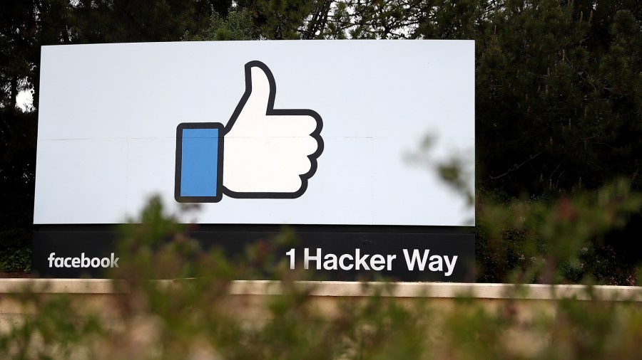 A sign is posted outside of Facebook headquarters on April 5, 2018 in Menlo Park. (Credit: Justin Sullivan / Getty Images)