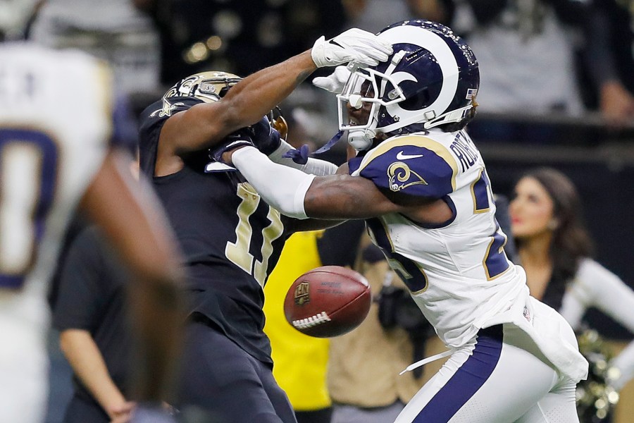 Tommylee Lewis #11 of the New Orleans Saints drops a pass broken up by Nickell Robey-Coleman #23 of the Los Angeles Rams during the fourth quarter in the NFC Championship game at the Mercedes-Benz Superdome on January 20, 2019 in New Orleans, Louisiana. (Credit: Kevin C. Cox/Getty Images)