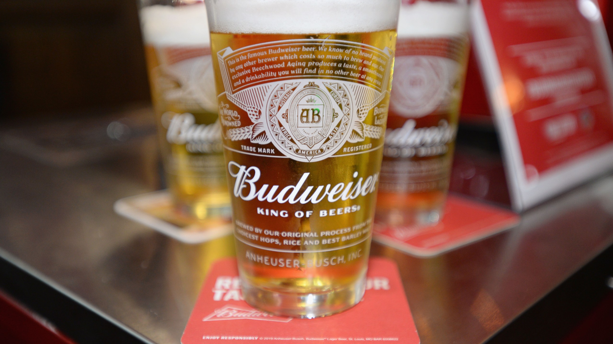 A beer is shown at the Budweiser 2019 NBA Draught Lottery Party on May 14, 2019, in New York City. (Credit: Andrew Toth/Getty Images for Budweiser)