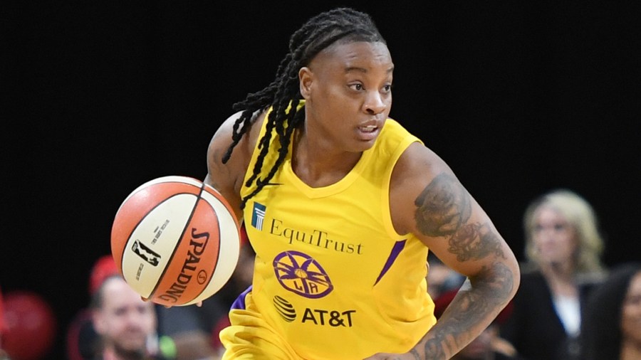 Riquna Williams #2 of the Los Angeles Sparks brings the ball up the court against the Las Vegas Aces during their game at the Mandalay Bay Events Center on May 26, 2019 in Las Vegas, Nevada. (Credit: Ethan Miller/Getty Images)