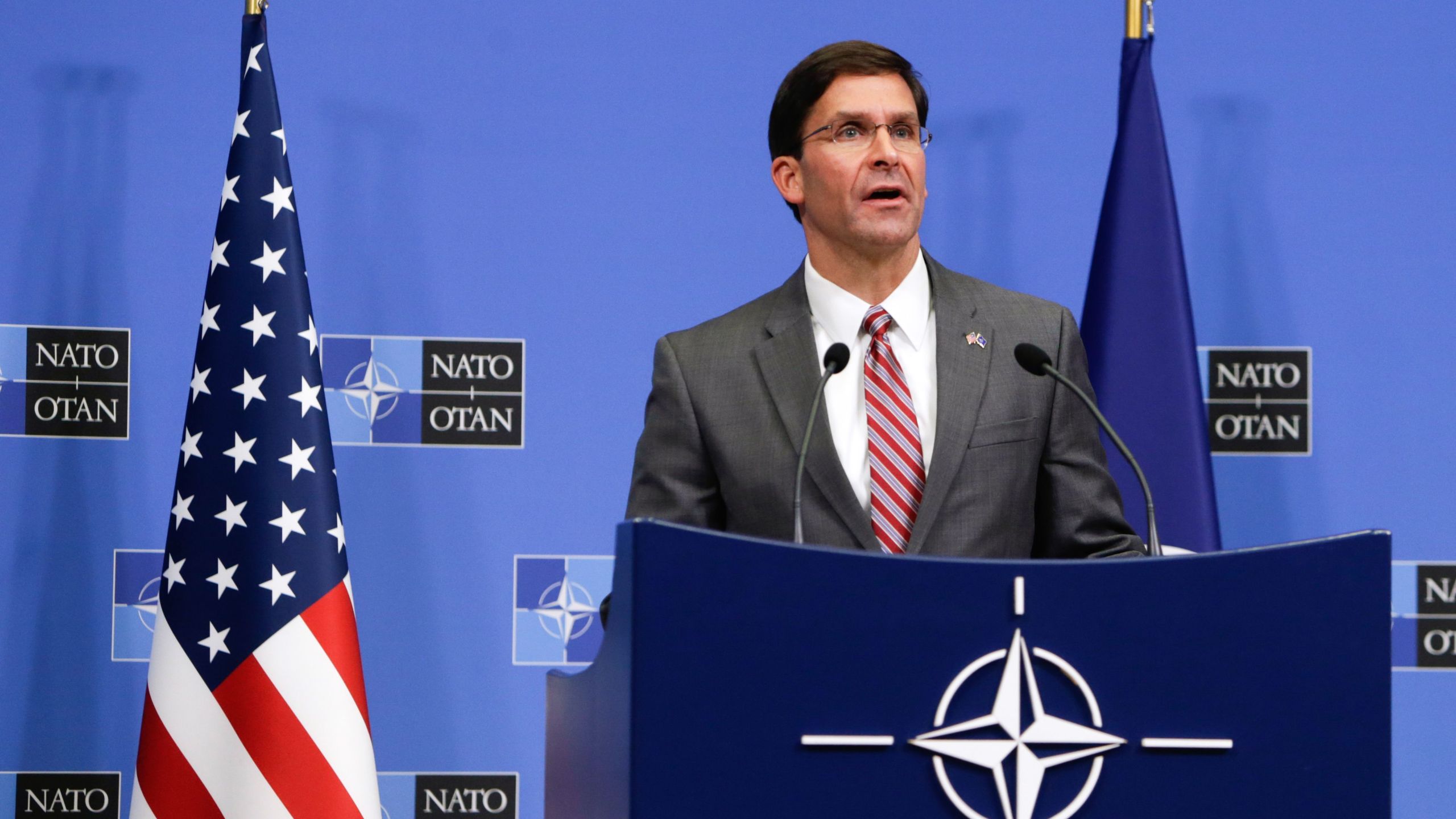 Acting U.S. Secretary for Defense Mark Esper gives a news conference during the NATO Defense Ministers meeting in Brussels on June 27, 2019. (Credit: ARIS OIKONOMOU/AFP/Getty Images)