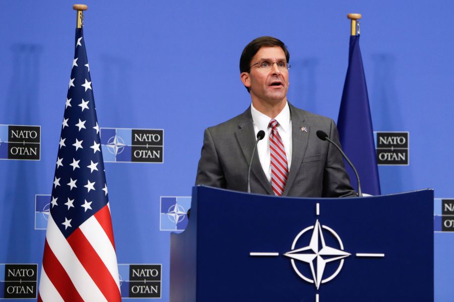 Acting U.S. Secretary for Defense Mark Esper gives a news conference during the NATO Defense Ministers meeting in Brussels on June 27, 2019. (Credit: ARIS OIKONOMOU/AFP/Getty Images)