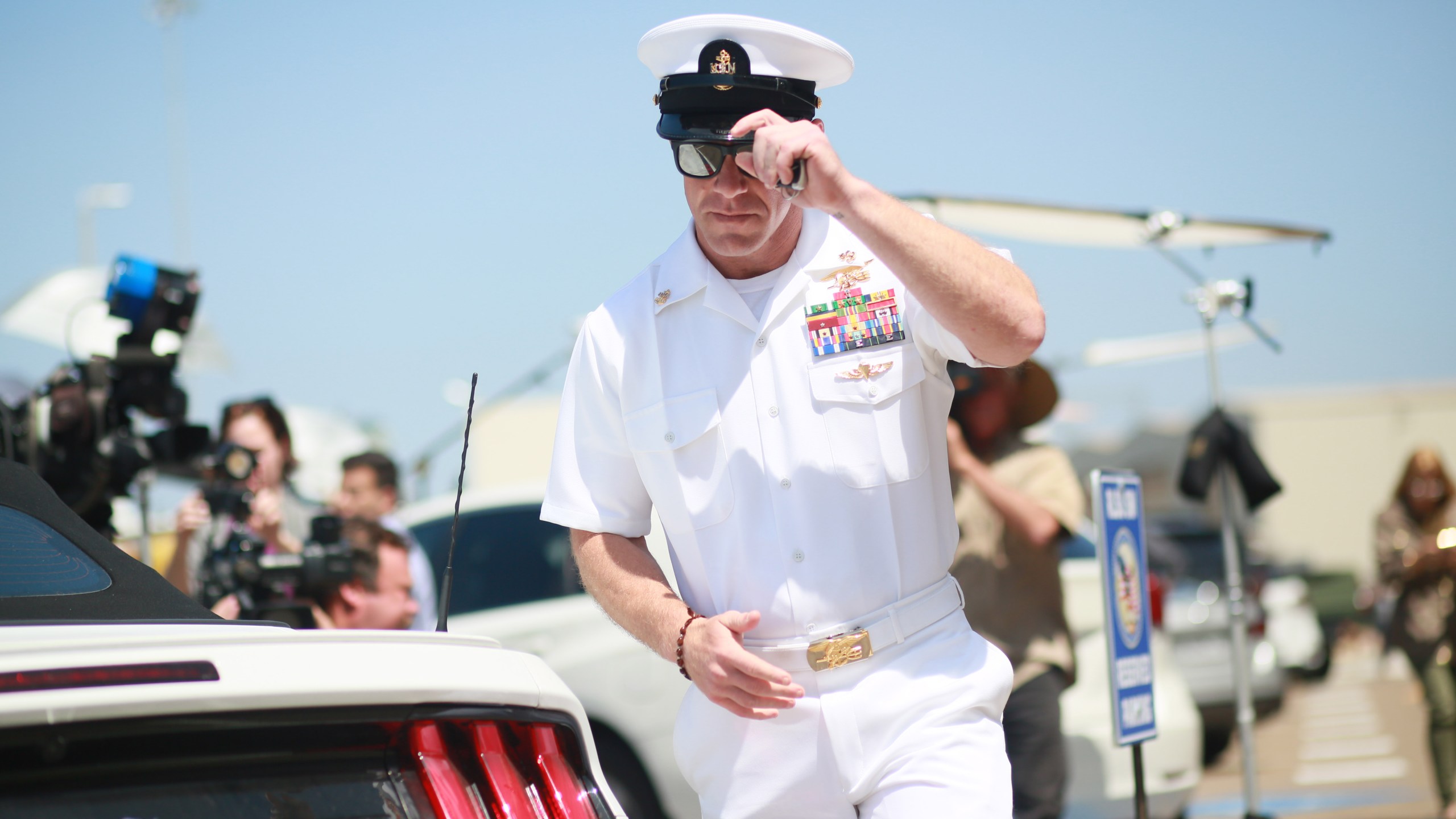 Navy Special Operations Chief Edward Gallagher walks out of military court in San Diego during lunch recess on July 2, 2019. (Credit: Sandy Huffaker / Getty Images)