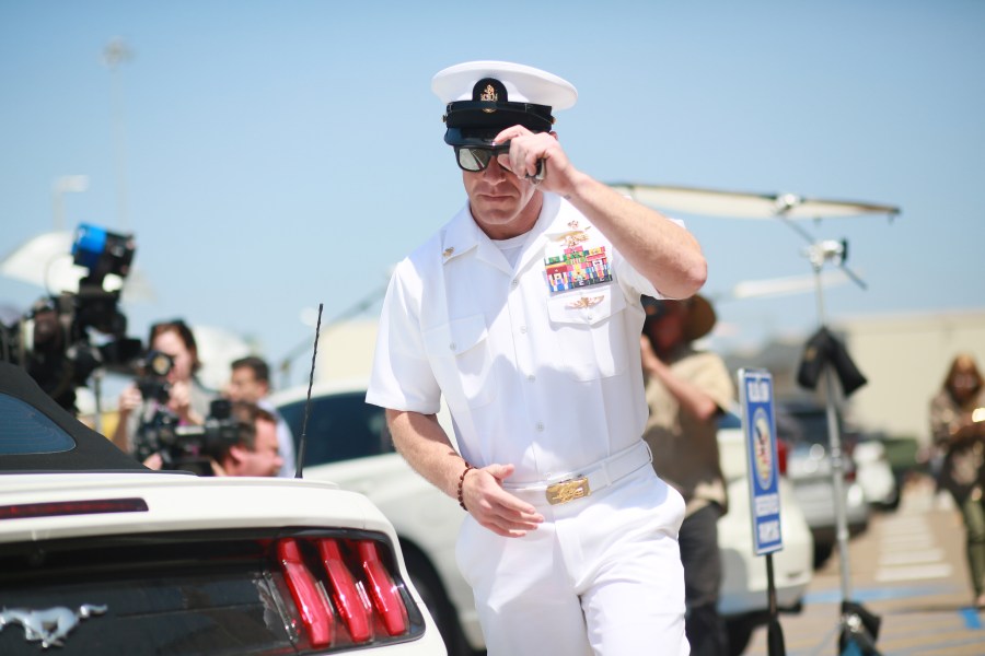 Navy Special Operations Chief Edward Gallagher walks out of military court in San Diego during lunch recess on July 2, 2019. (Credit: Sandy Huffaker / Getty Images)