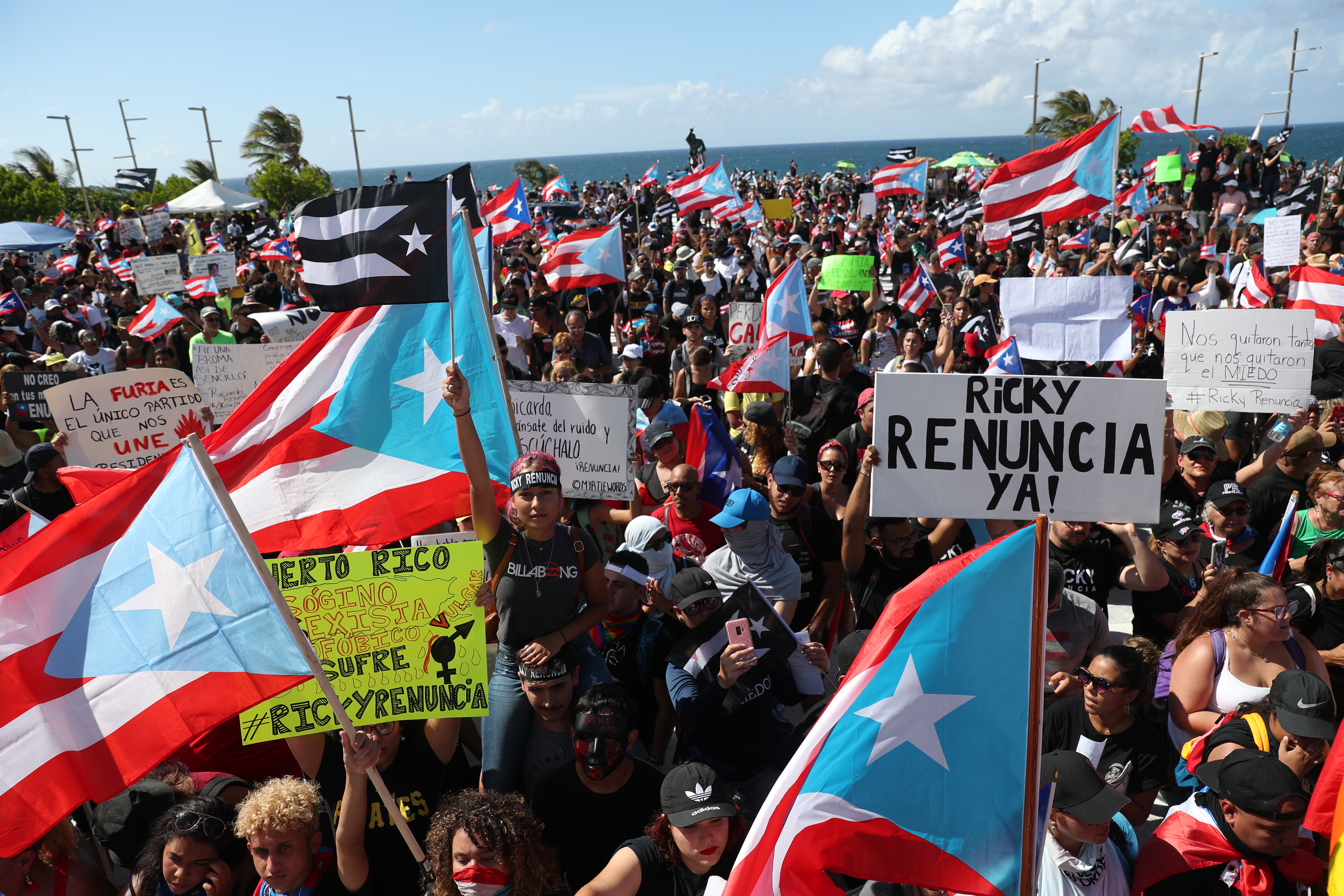 Demonstrators protest against Ricardo Rossello, the Governor of Puerto Rico July 17, 2019 in front of the Capitol Building in Old San Juan, Puerto Rico. (Credit: Joe Raedle/Getty Images)