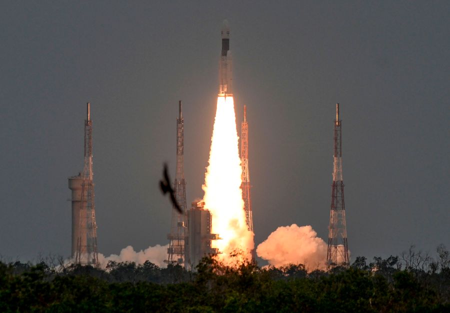 The Indian Space Research Organisation's (ISRO) Chandrayaan-2 (Moon Chariot 2), with on board the Geosynchronous Satellite Launch Vehicle (GSLV-mark III-M1), launches at the Satish Dhawan Space Centre in Sriharikota, an island off the coast of southern Andhra Pradesh state, on July 22, 2019. (Credit: ARUN SANKAR/AFP/Getty Images)