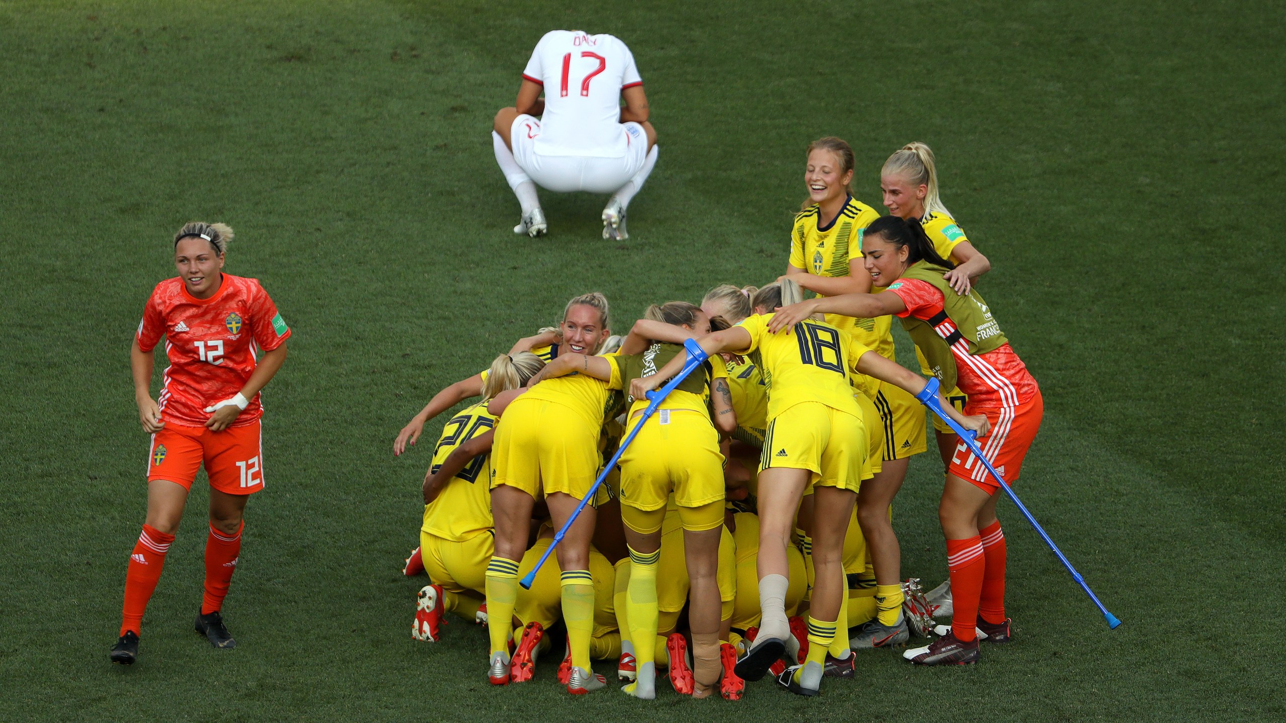 The Sweden players celebrate following their side's victory in the 2019 FIFA Women's World Cup France 3rd Place Match match between England and Sweden at Stade de Nice on July 6, 2019 in Nice, France. (Credit: Robert Cianflone/Getty Images)