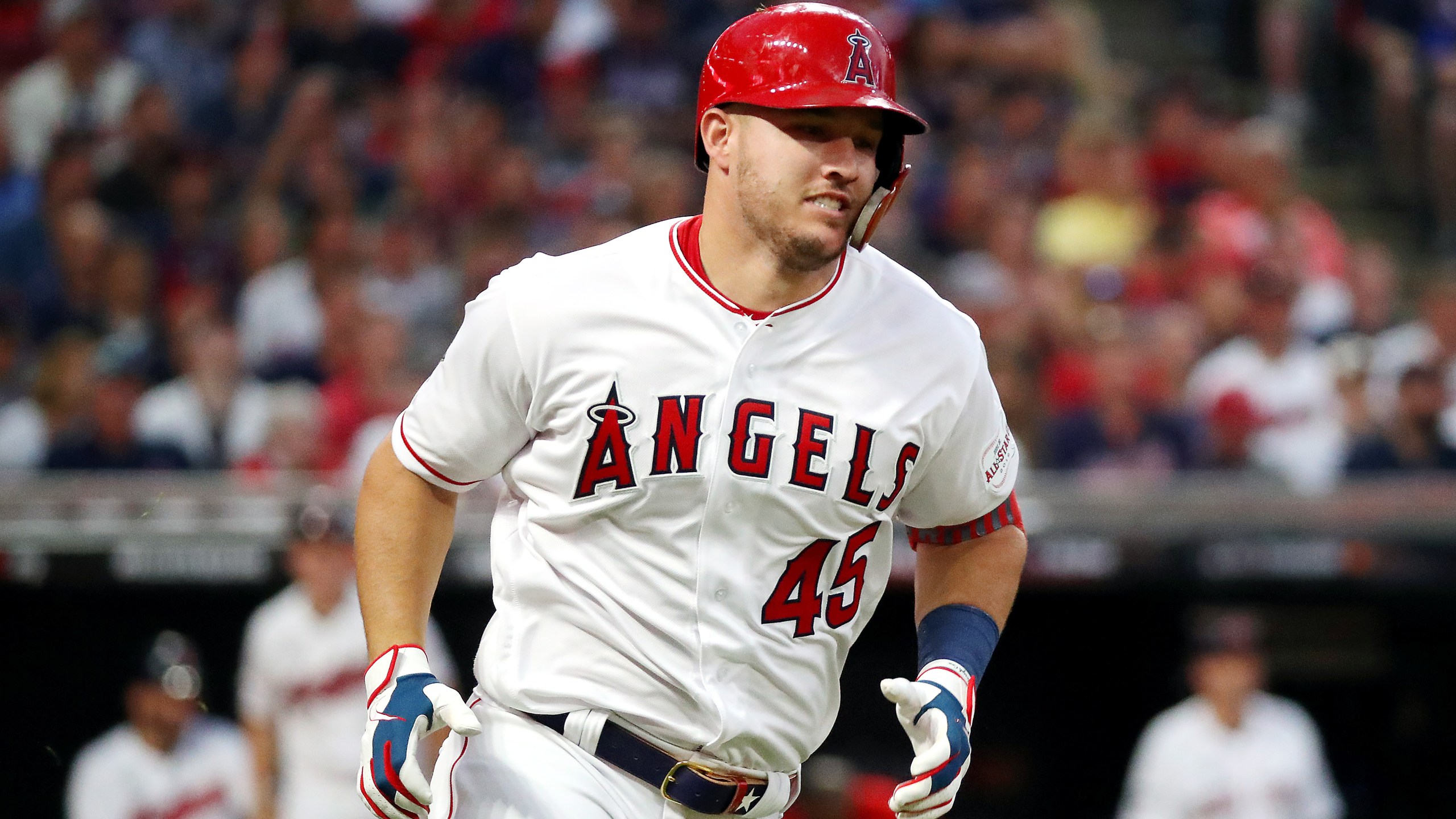 Mike Trout of the Los Angeles Angels and the American League wears No. 45 in honor of his late teammate Tyler Skaggs during the 2019 MLB All-Star Game in Cleveland, Ohio, on July 9, 2019. (Credit: Gregory Shamus / Getty Images)