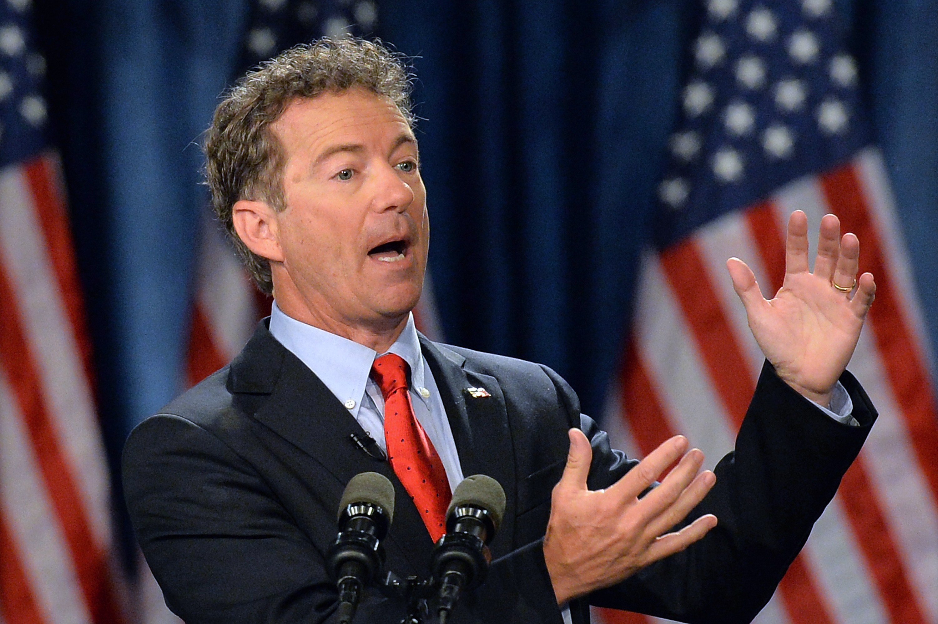 Senator Rand Paul speaks during the kickoff of the National Stand with Rand tour on April 7, 2015, in Louisville, Kentucky. (credit: Michael B. Thomas/AFP/Getty Images)