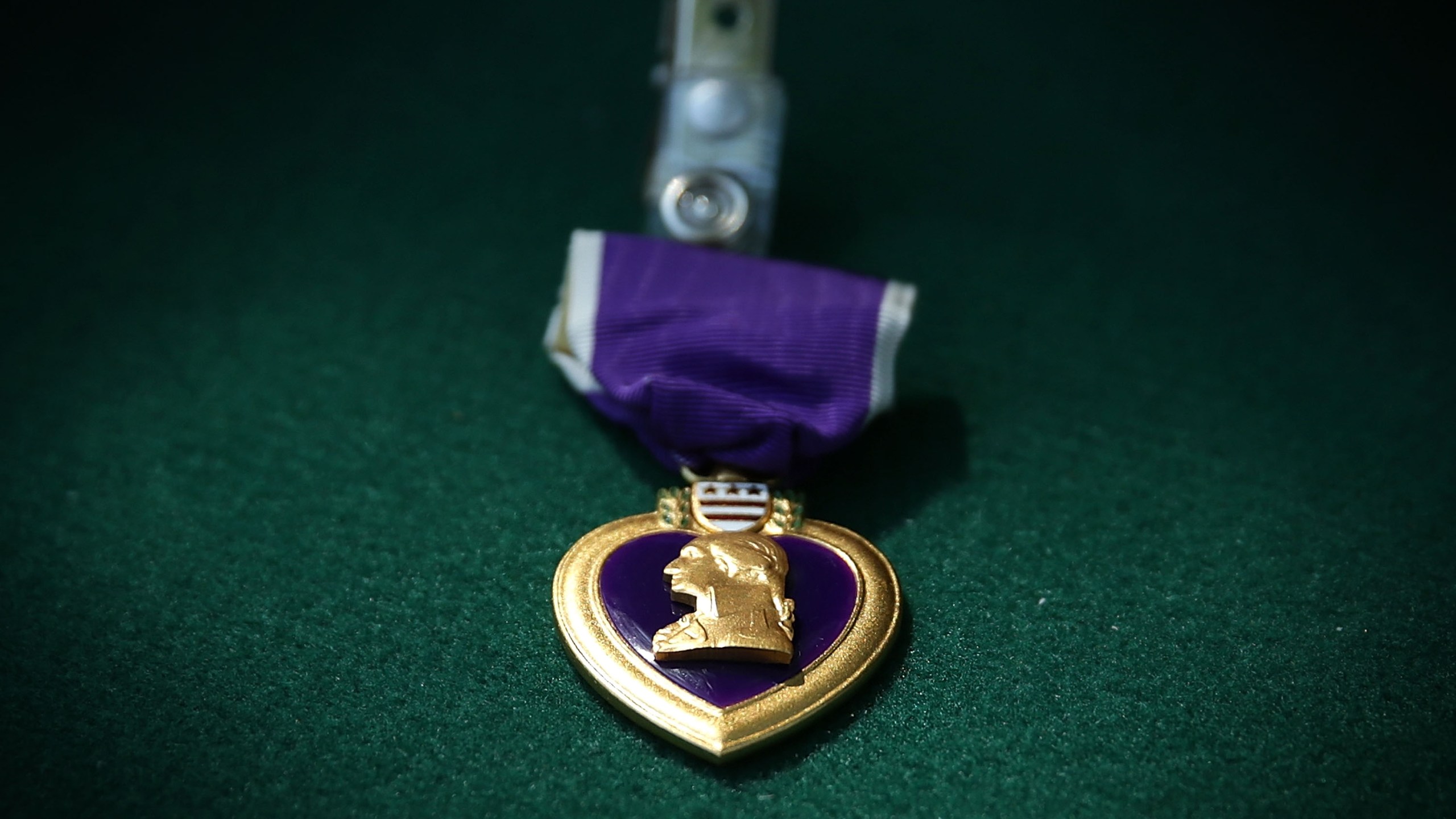 A Purple Heart medal is seen during a Purple Heart ceremony June 9, 2015 at George Washington's Mount Vernon in Mount Vernon, Virginia. (Credit: Alex Wong/Getty Images)