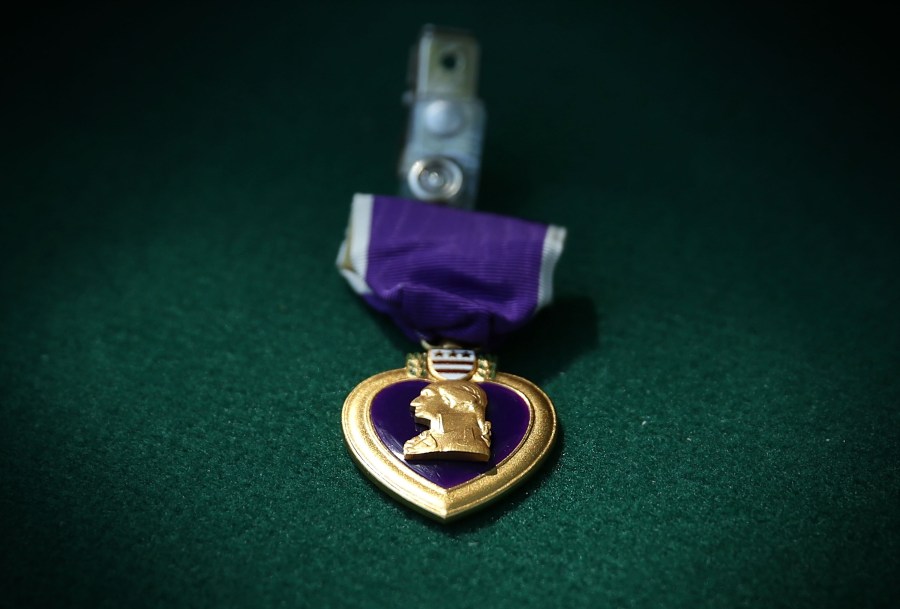 A Purple Heart medal is seen during a Purple Heart ceremony June 9, 2015 at George Washington's Mount Vernon in Mount Vernon, Virginia. (Credit: Alex Wong/Getty Images)