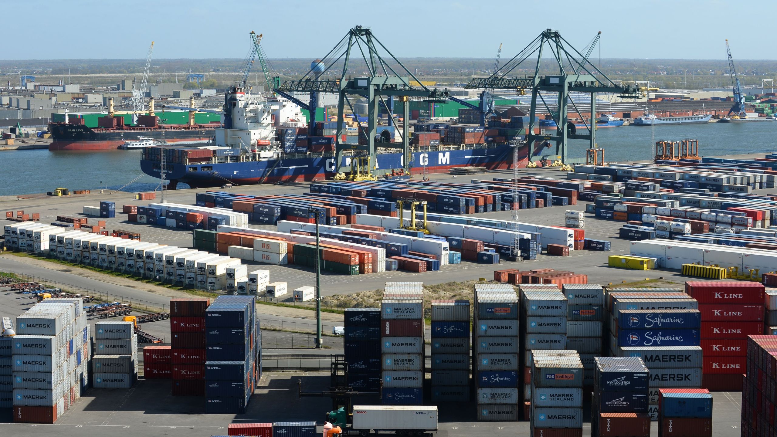 A picture taken on April 20, 2016 shows containers in the Belgian port of Antwerp. (Credit: PIERMONT/AFP/Getty Images)