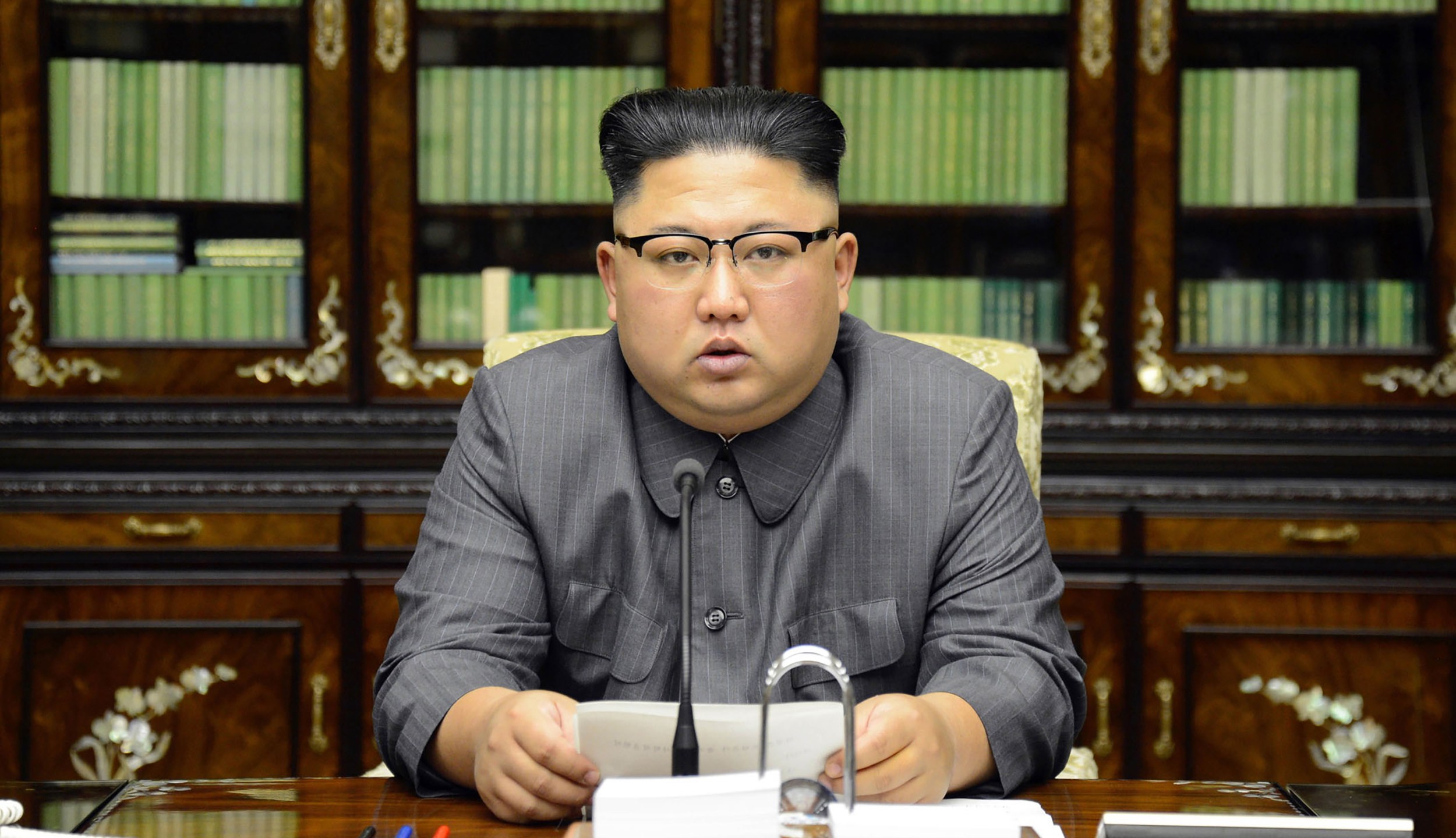 This picture taken on September 21, 2017 and released from North Korea's official Korean Central News Agency (KCNA) on September 22 shows North Korean leader Kim Jong-Un delivering a statement in Pyongyang. (Credit: STR/AFP PHOTO/ KCNA VIA KNS/ Getty Images)