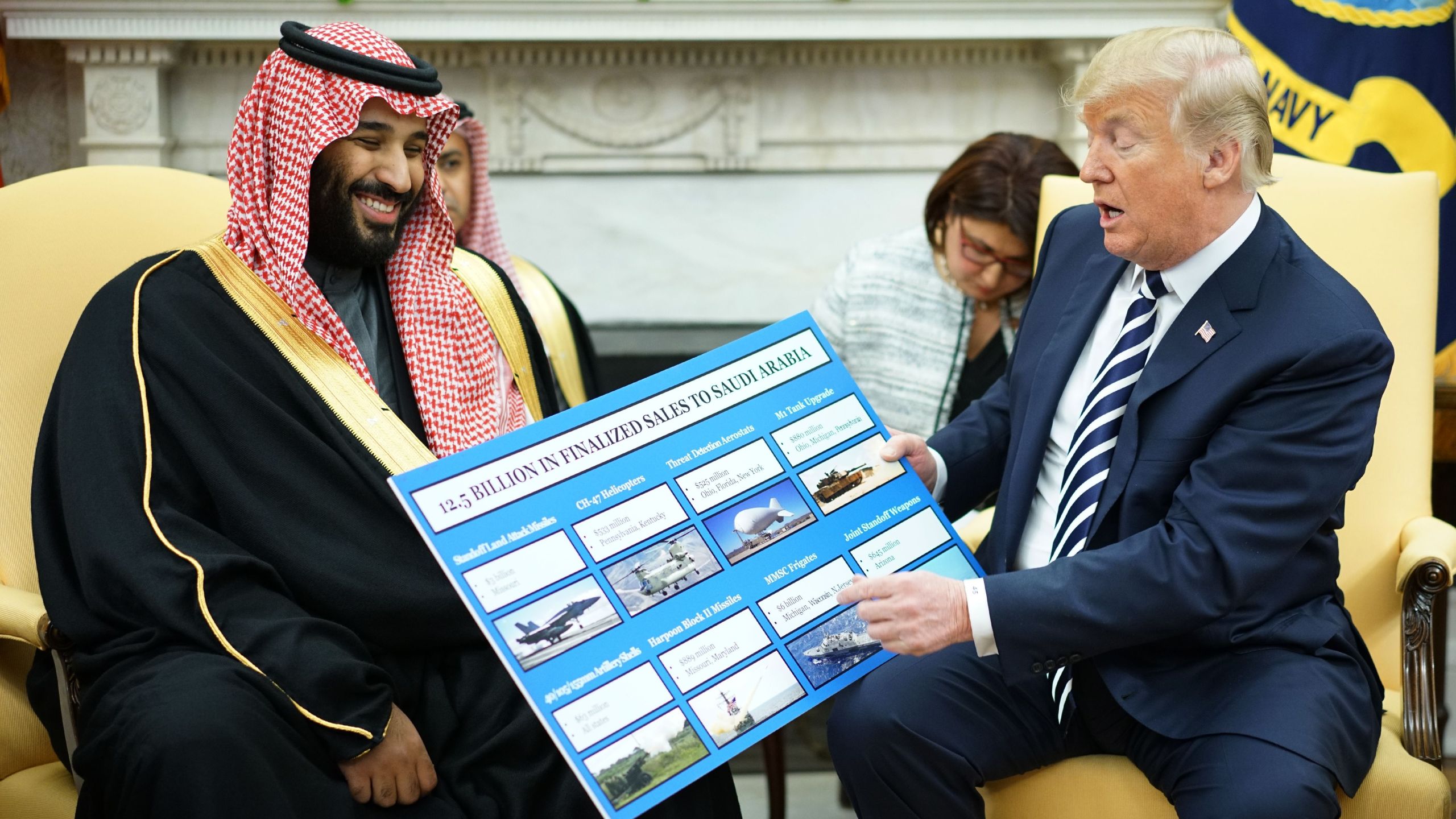 Donald Trump looks at a defense sales chart with Saudi Arabia's Crown Prince Mohammed bin Salman in the Oval Office of the White House on March 20, 2018 in Washington, DC. (Credit: MANDEL NGAN/AFP/Getty Images)