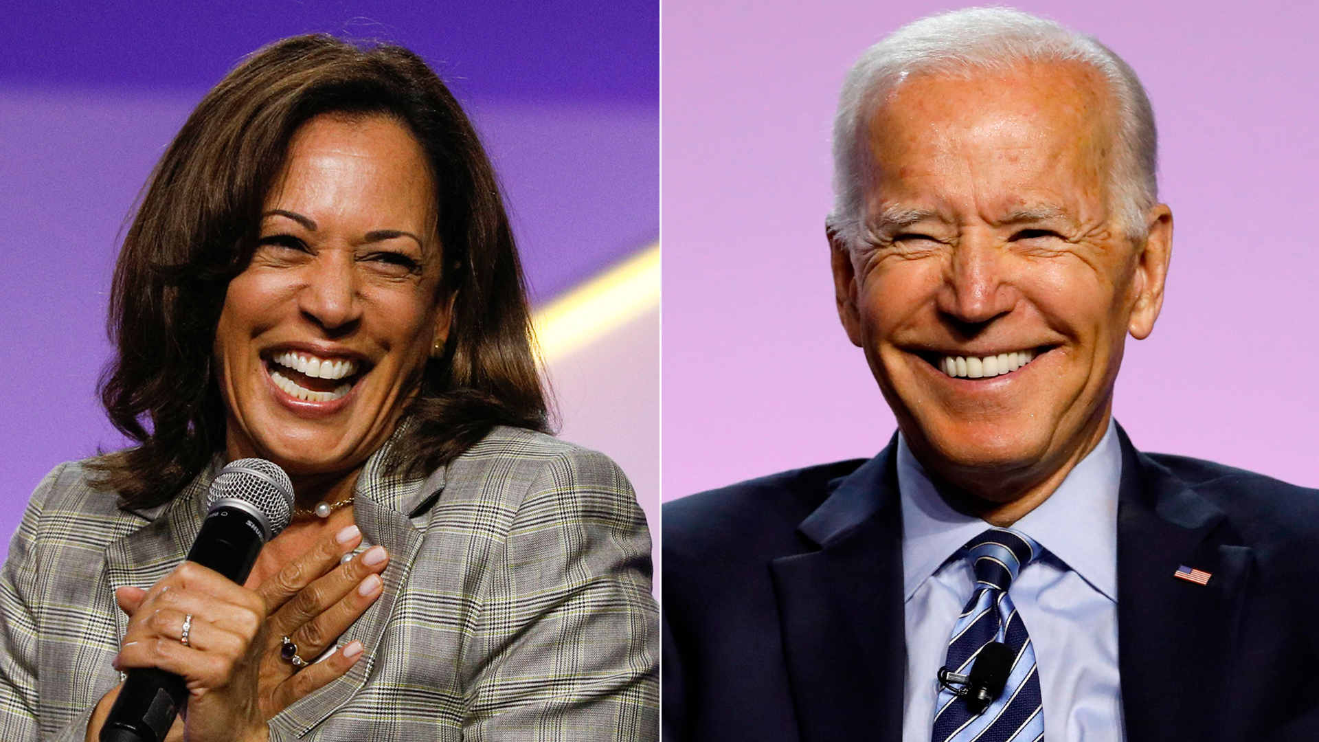 Kamala Harris, left, and Joe Biden participate in a presidential candidate forum at the NAACP 110th National Convention on July 24, 2019 in Detroit, Michigan. (Credit: Bill Pugliano/JEFF KOWALSKY/AFP/Getty Images)