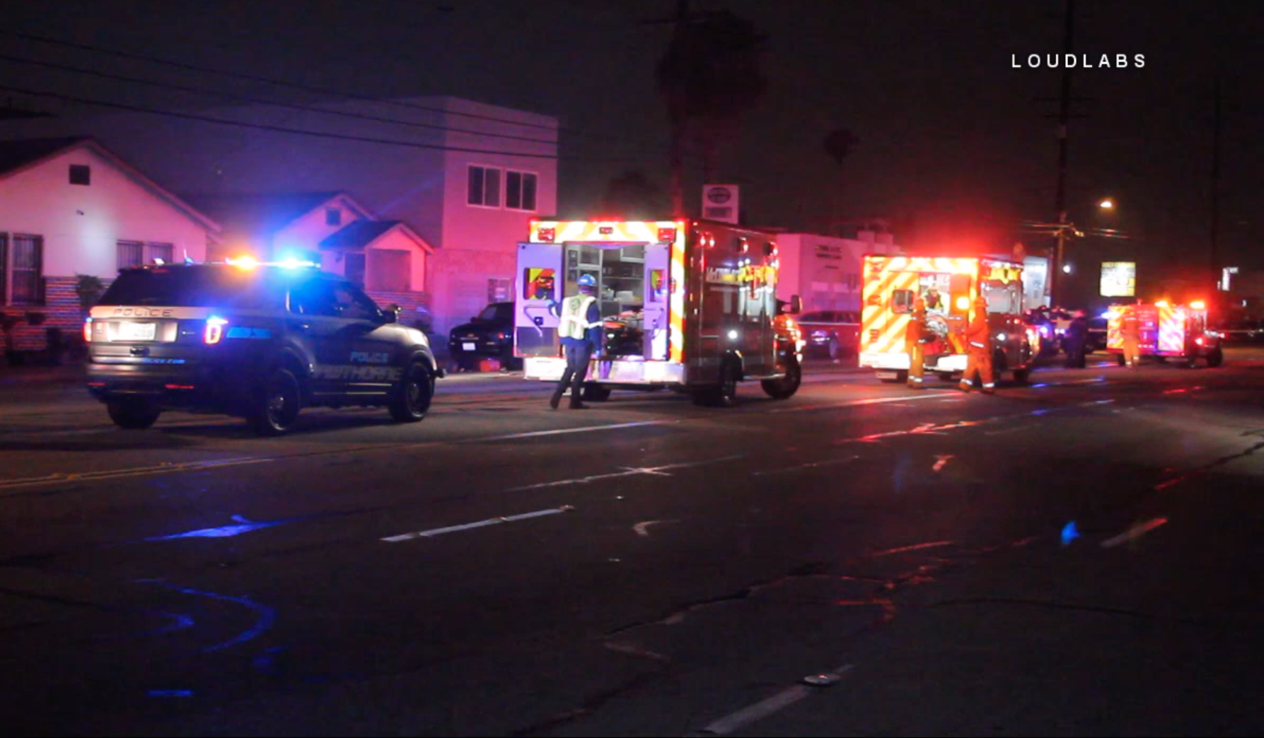 Hawthorne police and L.A. County firefighters respond to a deadly hit-and-run on July 14, 2019. (Credit: Loudlabs)