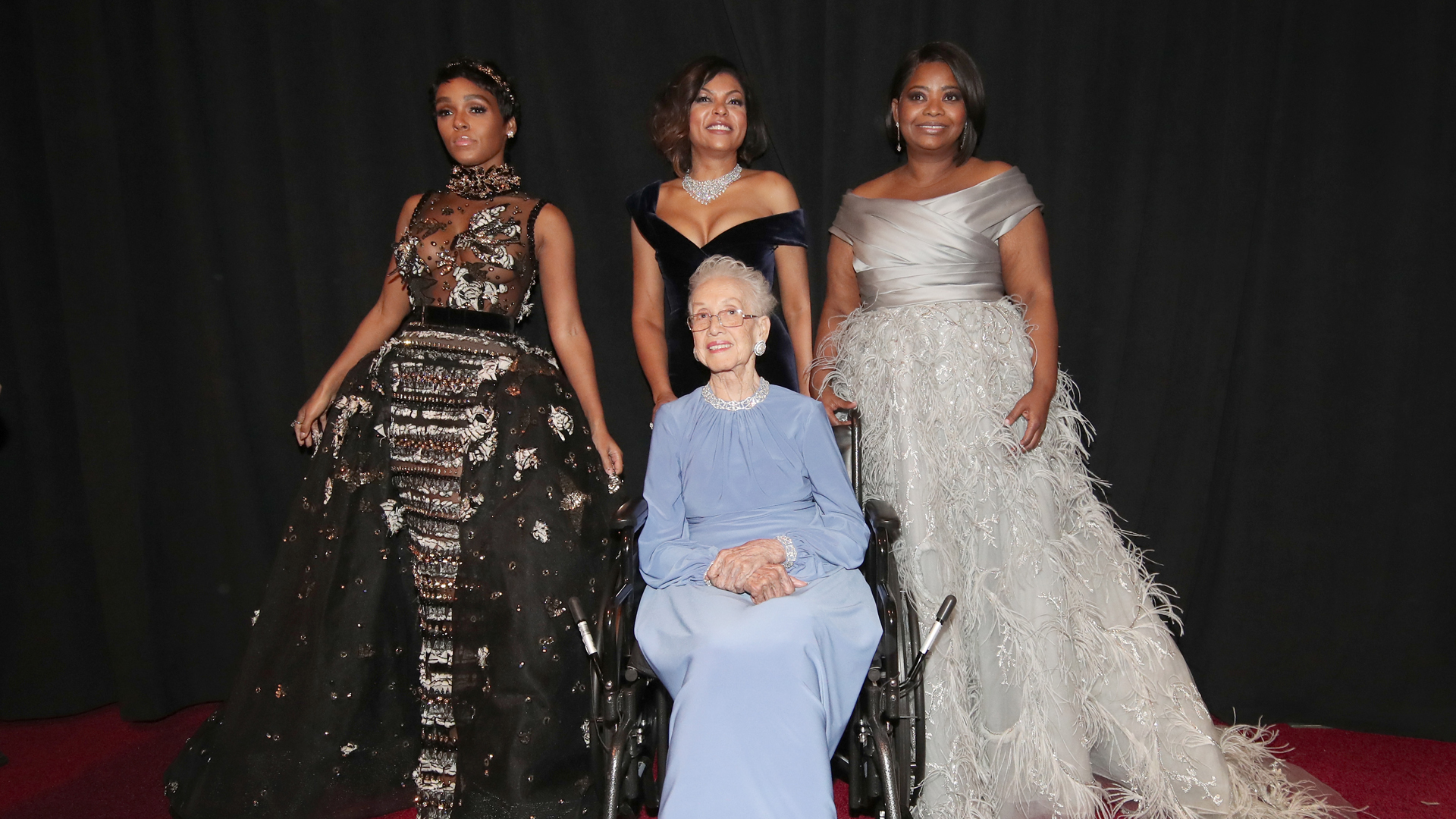 NASA mathematician Katherine Johnson and actors Janelle Monae, Taraji P. Henson and Octavia Spencer pose backstage during the 89th Annual Academy Awards at Hollywood & Highland Center on February 26, 2017 in Hollywood. (Photo by Christopher Polk/Getty Images)