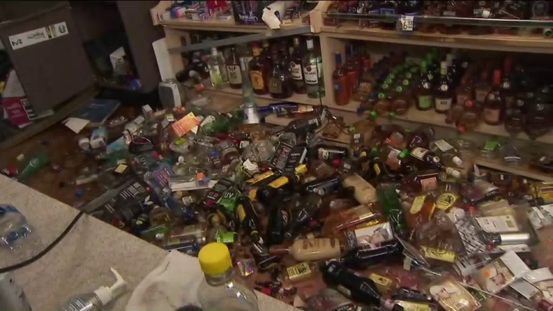 Broken bottles litter the floor of a Ridgecrest liquor store following a 7.1-magnitude earthquake on July 5, 2019. (Credit: KTLA)