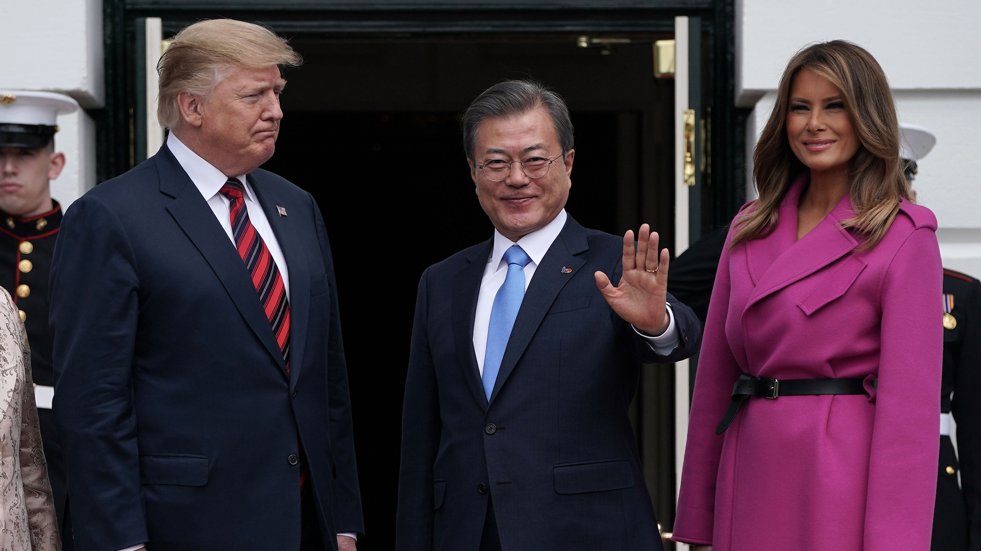 U.S. President Donald Trump and first lady Melania Trump welcome South Korean President Moon Jae-in to the White House April 11, 2019 in Washington, DC. President Moon is in Washington to try to jump-start talks between the U.S. and North Korea after the failed summit in Hanoi in February. (Credit: Alex Wong/Getty Images)