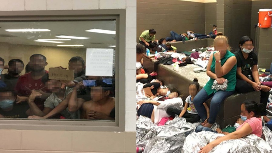 A migrant holds up a "help" sign in a cell, left; overcrowding of families is seen at another facility, right. (Credit: Office of Inspector General)