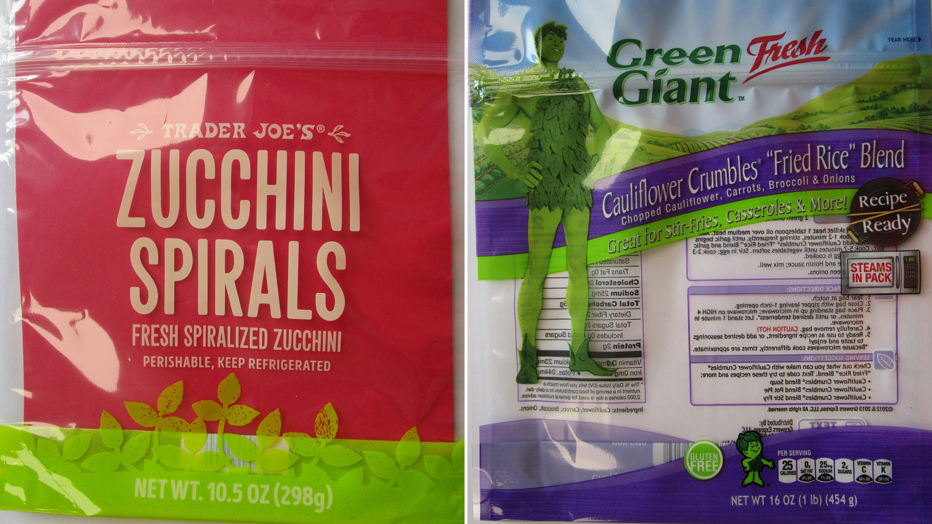 Trader Joe’s zucchini spirals and Green Giant's cauliflower crumbles fried rice blend appear in images released by the FDA in a product recall in July 2019.