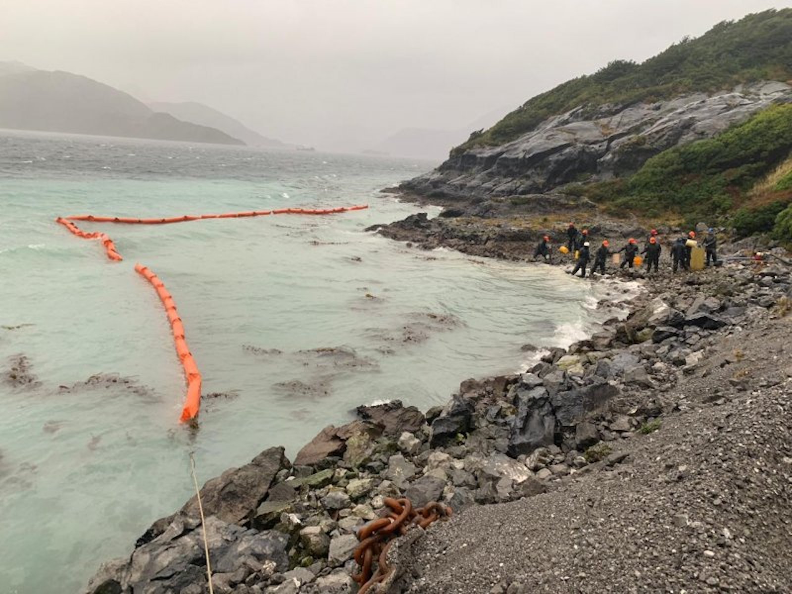 The Chilean Navy responds to an oil spill on Guarello Island on July 27, 2019 in this photo obtained by CNN.