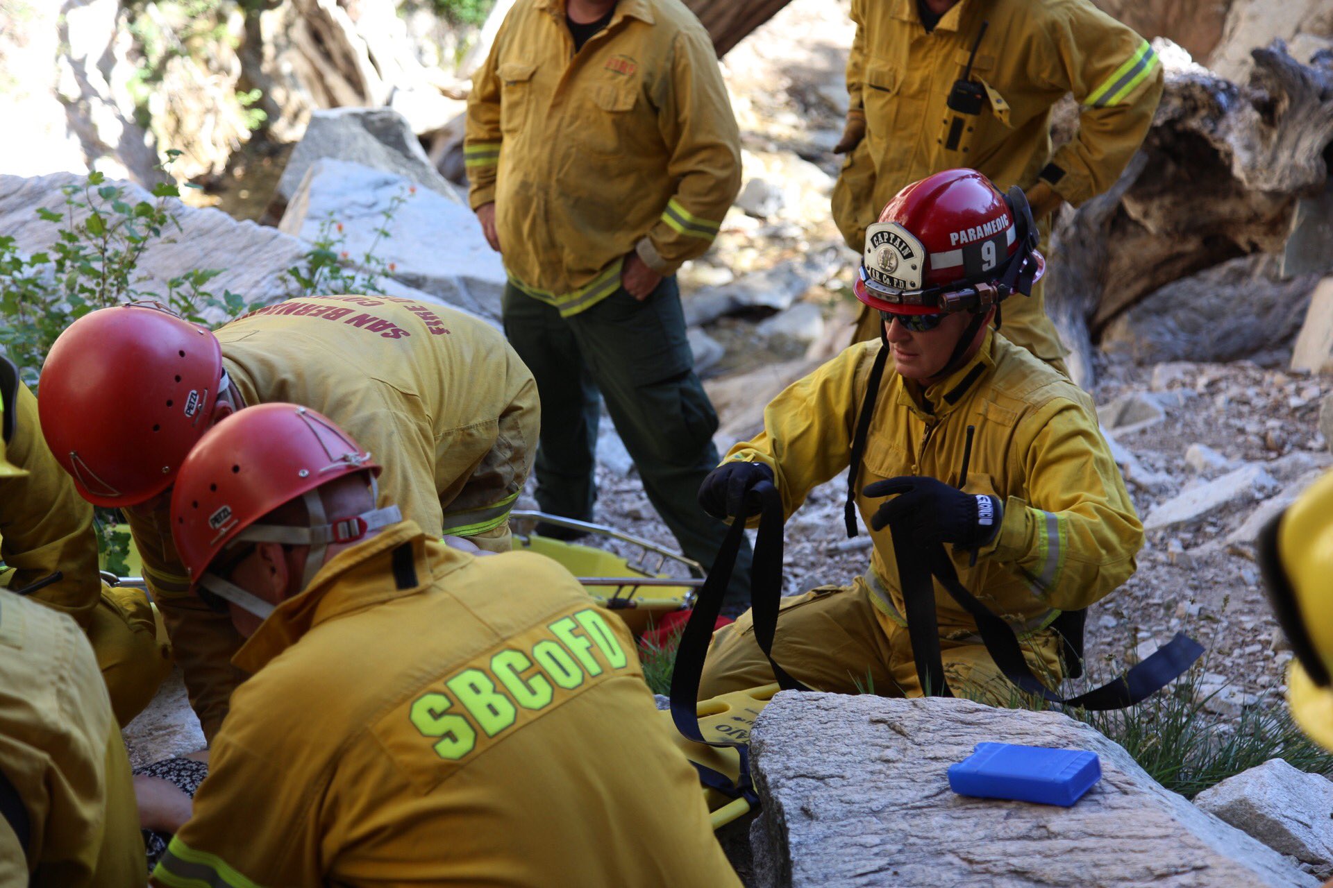 Crews rescue a hiker who fell at Big Falls on June 4, 2016, in an image tweeted by the San Bernardino County Fire Department.