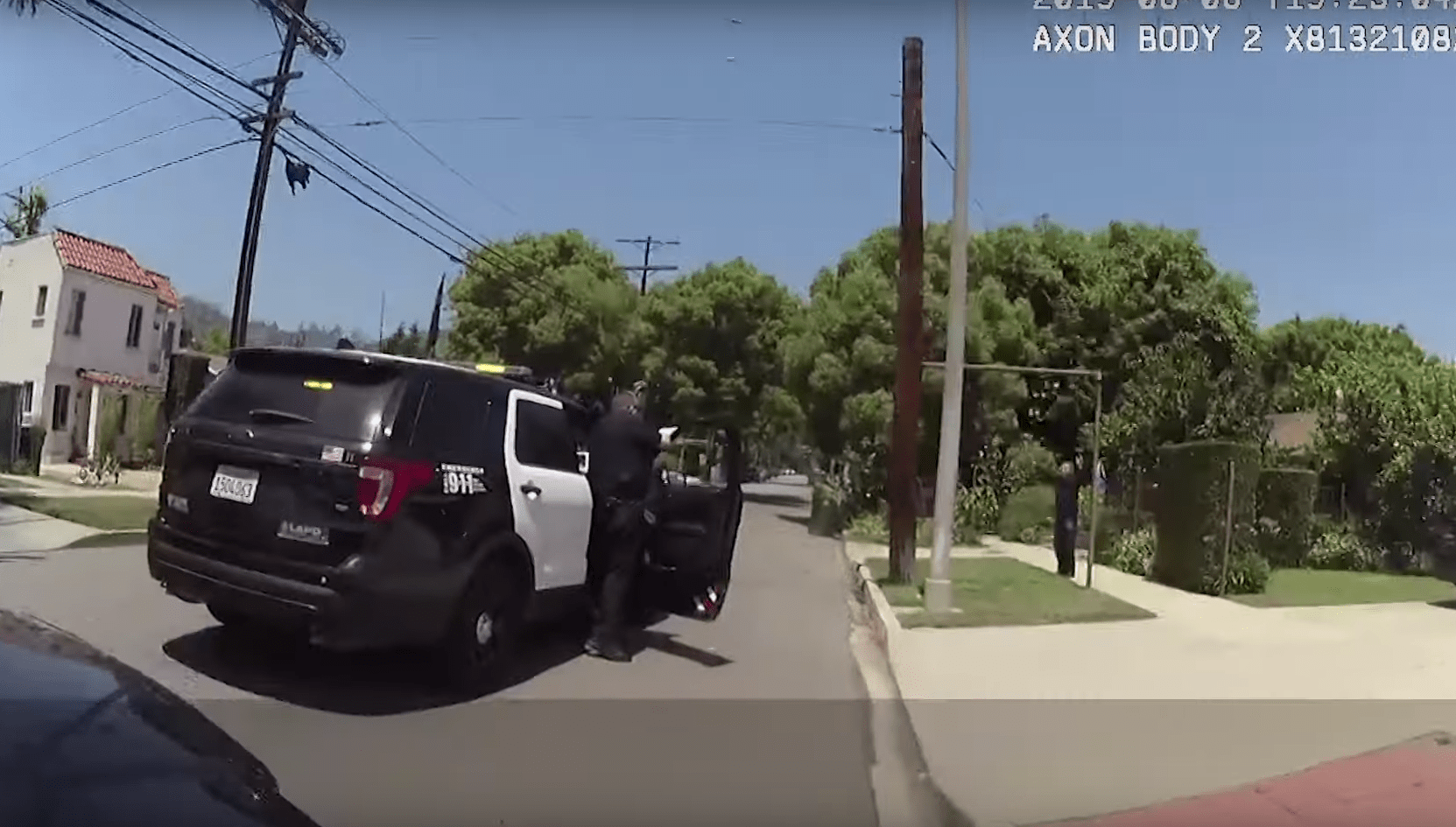 A still from a video recorded by a bodycam worn by a Los Angeles police officer shows an officer confronting Jose Antonio de Santiago-Medina in Atwater Village on June 6, 2019.