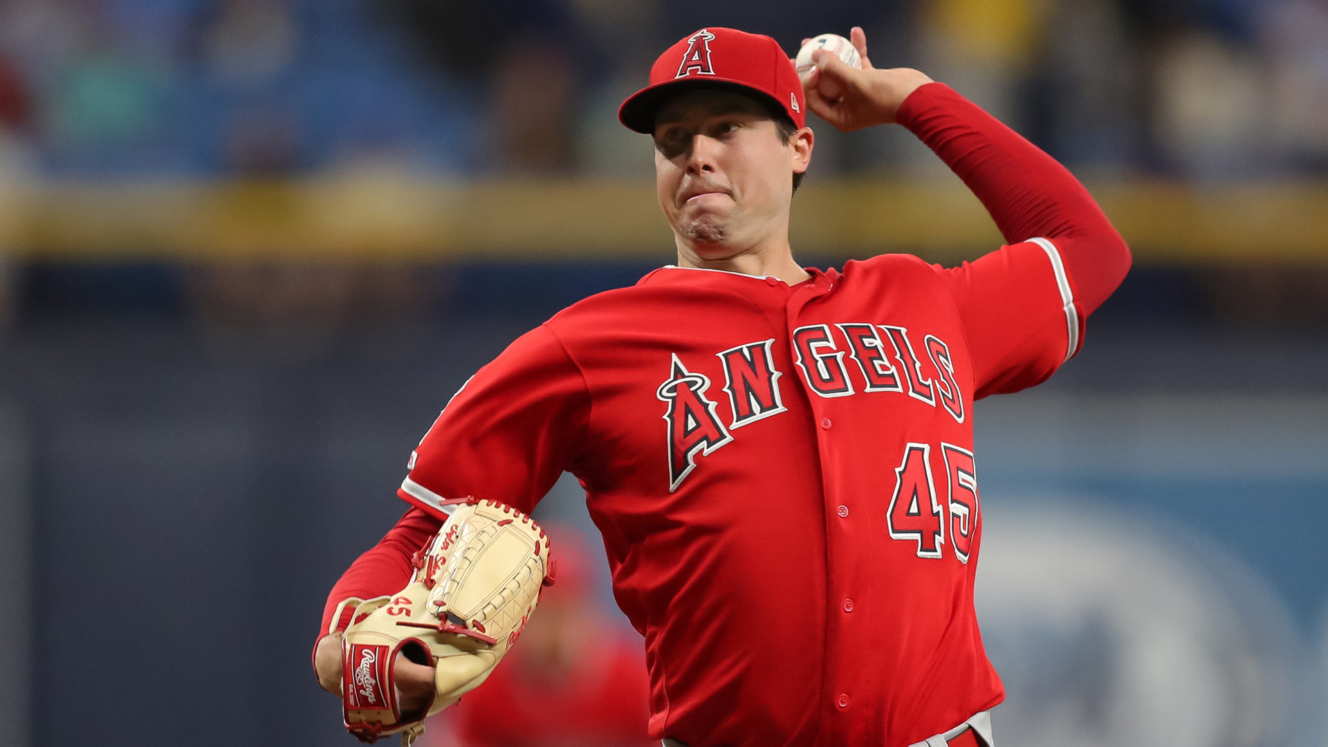 Tyler Skaggs of the Los Angeles Angels throws in the first inning of a baseball game against the Tampa Bay Rays at Tropicana Field on June 13, 2019 in St. Petersburg, Florida. (Credit: Mike Carlson/Getty Images)